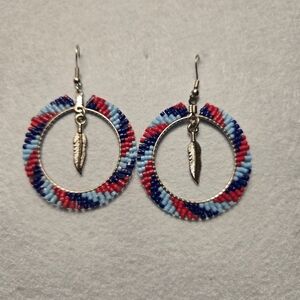 Southwest Native American Style Seed Beaded Earrings With Feather 1 1/2"across